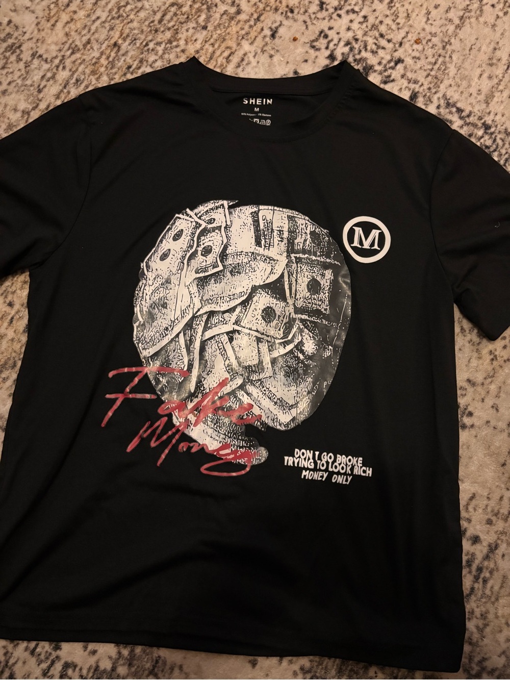 SHEIN Black Short-Sleeve Graphic Money Skull Tee with Red Script